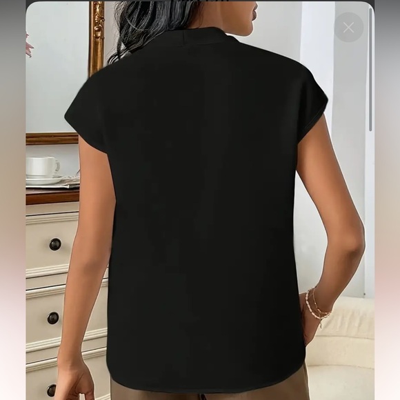 Shirred V Neck Solid V Neck Blouse, Elegant Short Sleeve Top - Black - Picture 2 of 11